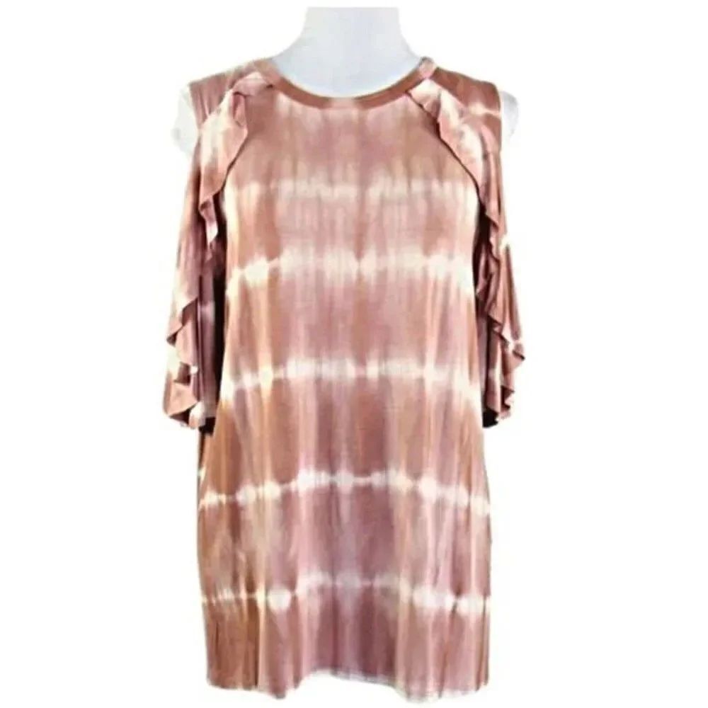 Top Tie-Dye Cold Shoulder 3/4 Sleeve Watercolor Stripes Pink Women's Size Small